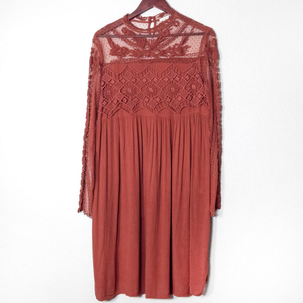Sundance Long Sleeve Lace Dress Size 16 Rust Sheer Romantic Victorian